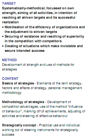 TARGET Systematically-methodical, focussed on own strength, aiming of all activities, in intention of reaching all striven targets and its successful realization Mobilisation of the efficiency of organizations and the adjustment to striven targets Securing of existence and reaching of superiority in the competition with competitors Creating of situations which make inviolable and secure intended success METHOD Development of strength and use of methods for strategies CONTENT Basics of strategies - Elements of the term strategy, factors and effects of strategy, personal management methodology Methodology of strategies - Development of competition advantages, use of the method Influence of behaviour, marking off of achievements, adjusting of activities and steering of effective behaviour Strategically concept - Practical use and individual working out of steering instruments for strategically success
